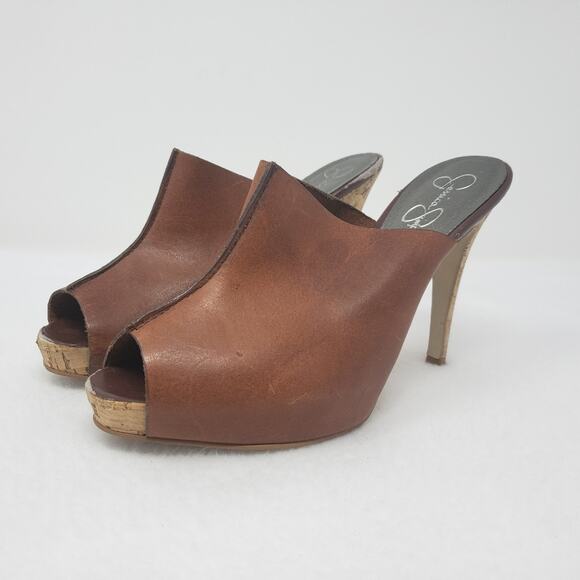 Jessica Simpson Shoes - Jessica Simpson Leather Peep Toe Slip On Mules Heel Pumps Size 8.5